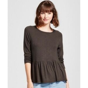 Mossimo Peplum Top Womens XL Gray Long Sleeve Raglan Slub Knit Shirt Earthy Soft